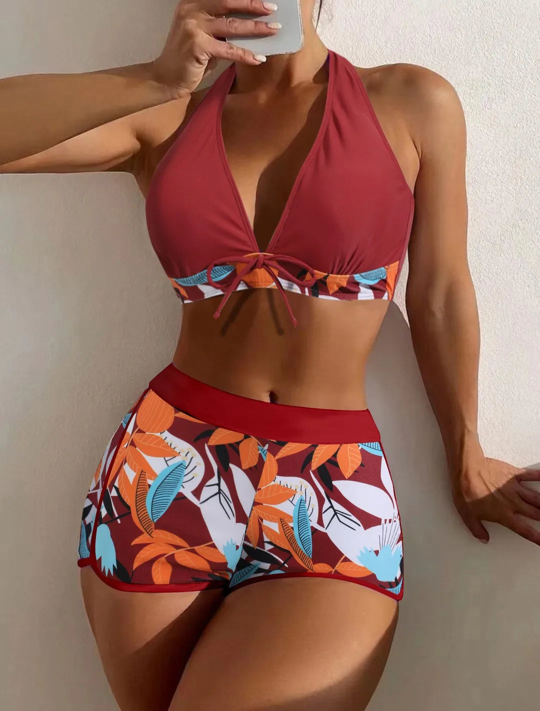 Swimsuit Woman Two Piece Swimsuit Sleeveless Tankini Top High Waist Shorts Swimwear With Tropical Leaf Print Halter Neck