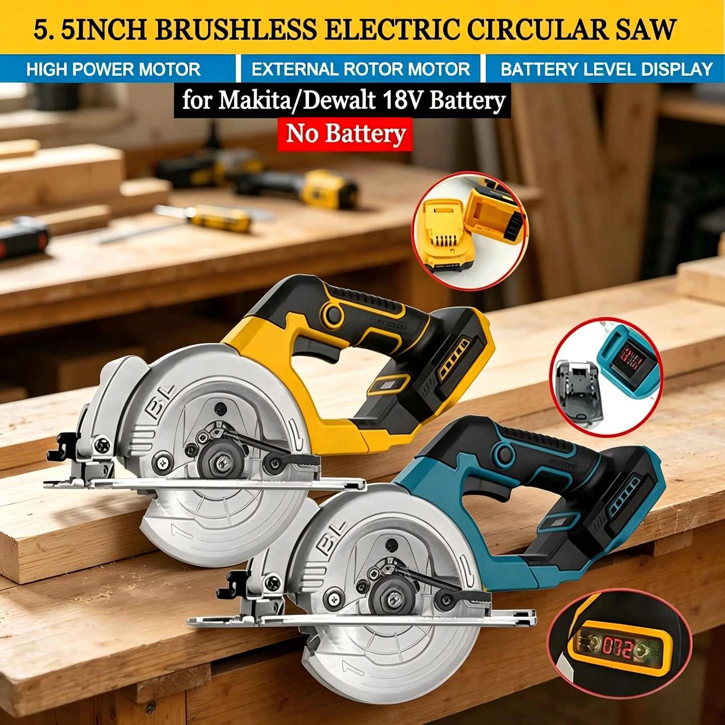 5.5IN Brushless External Rotor Cordless Circular Saw High Power Compatible with Dewalt 18V Battery Electric Cutting Tool