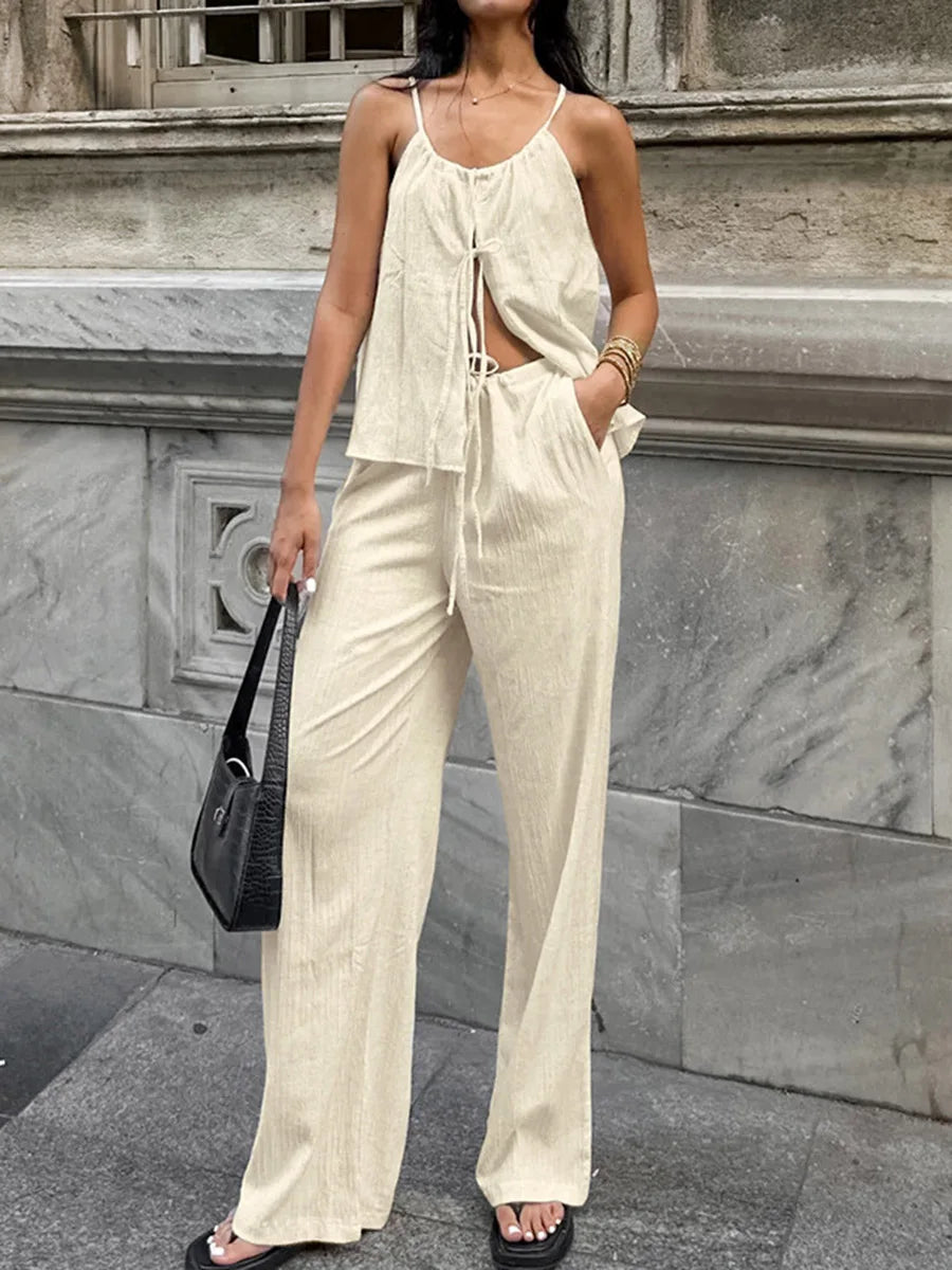 2026 Women Two Piece Set Women's Matching Sets Halter Spaghetti Strap Tie Front High Waist Wide Leg Pants Linen Beach Outfit