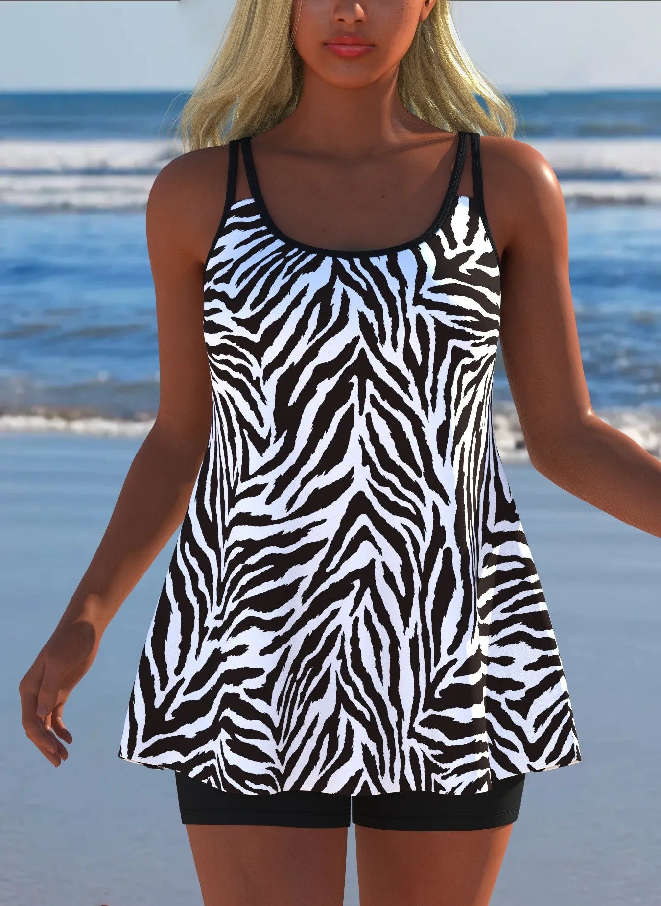 Black White Print Tankini Sleeveless Flared Hem Tankini Top High Stretch Swim Tank Gradient Adjustable Straps Two Piece Swim Top