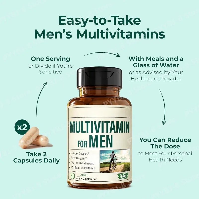 Multivitamin for Men Capsule Immune Health Support Contain Methylated Vitamins and Chelated Minerals Provide Body Energy 60count