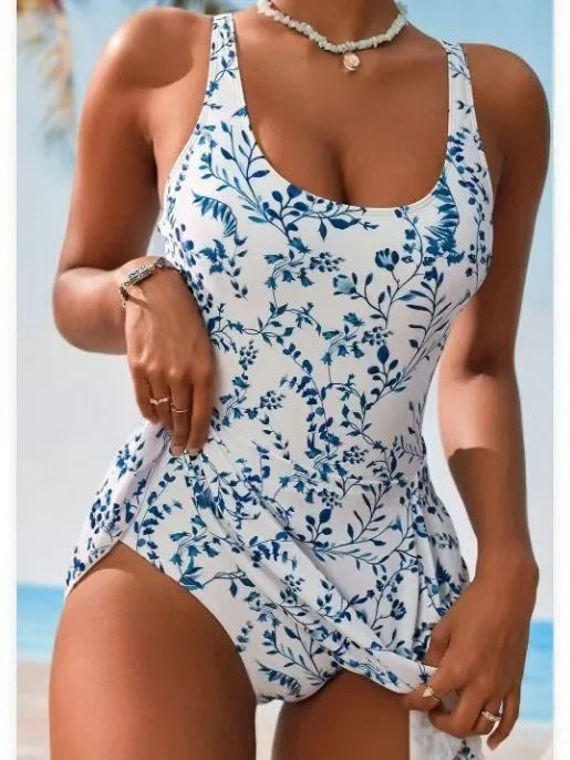 Women Swimsuit Floral Print Tummy Control Swimwear Backless Wrap Skirt Bathing Suit Side Tie Swimsuit Woman Solid Color High