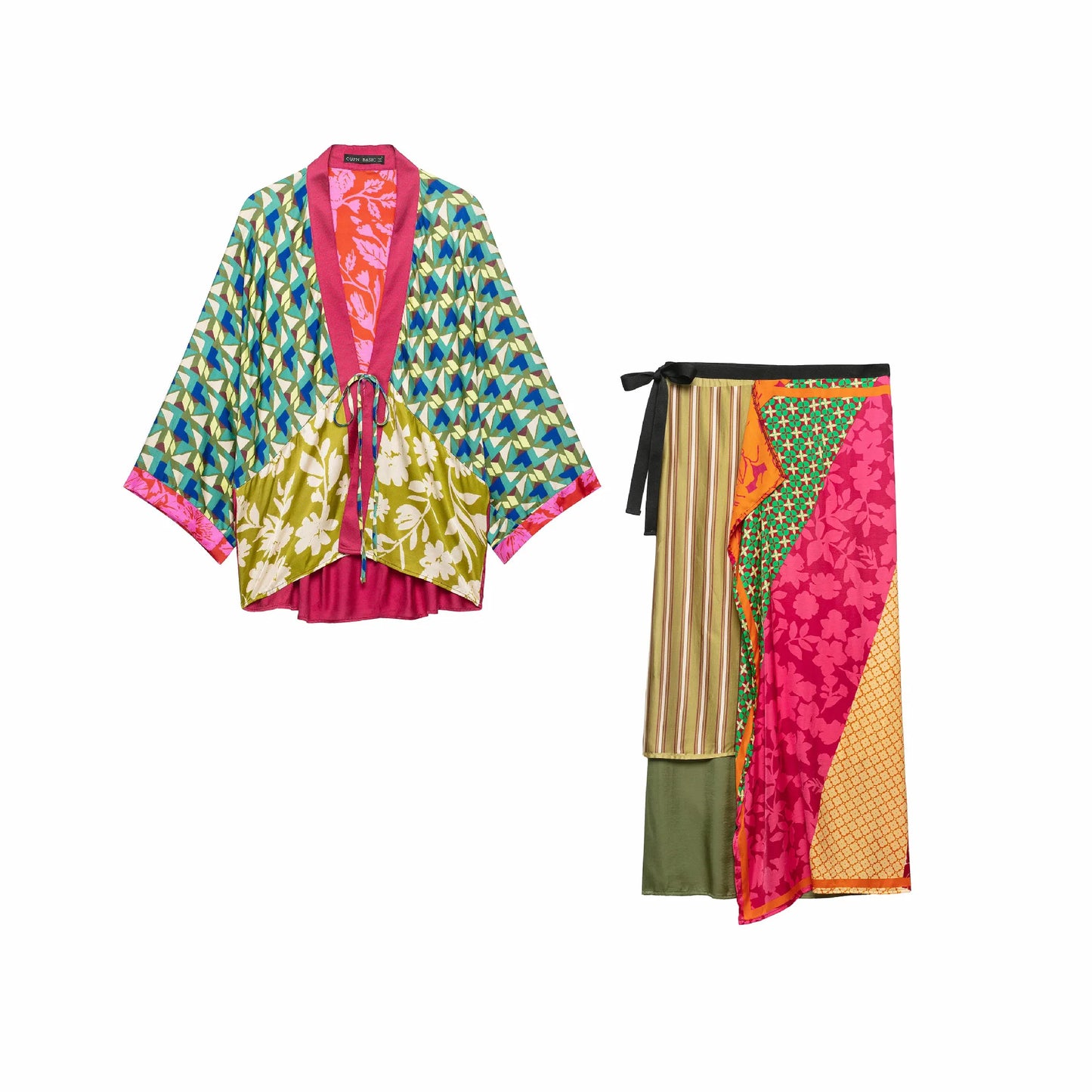 2 pieces 1 Set Autumn Contrast Color Geometric Print Bow Long Bat Sleeve Kimono Cardigan + Tie Bow Waist Asymmetry Skirts Suits