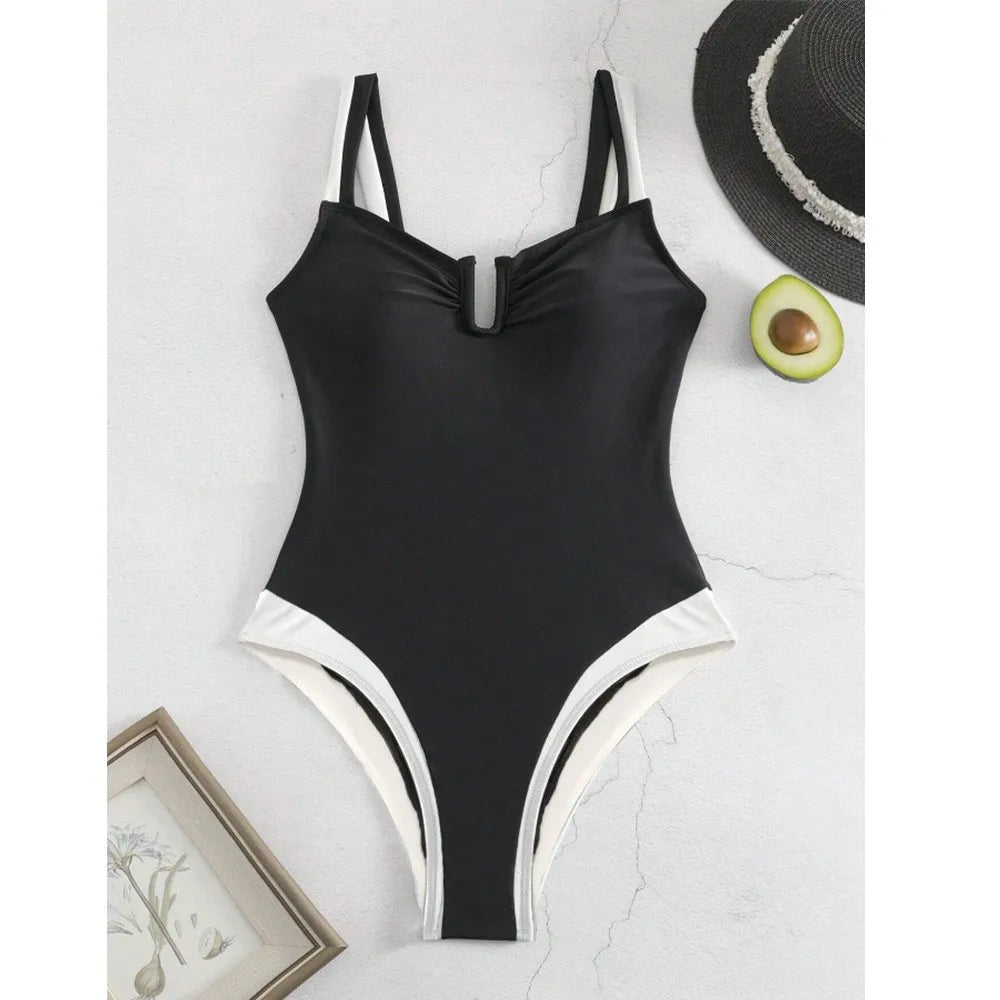 2026 Bikini Woman Tankini Deep V Neck Bikinis Black And White High Cut Leg Swimsuit Ruched Bust Swimwear Women's Tankinis
