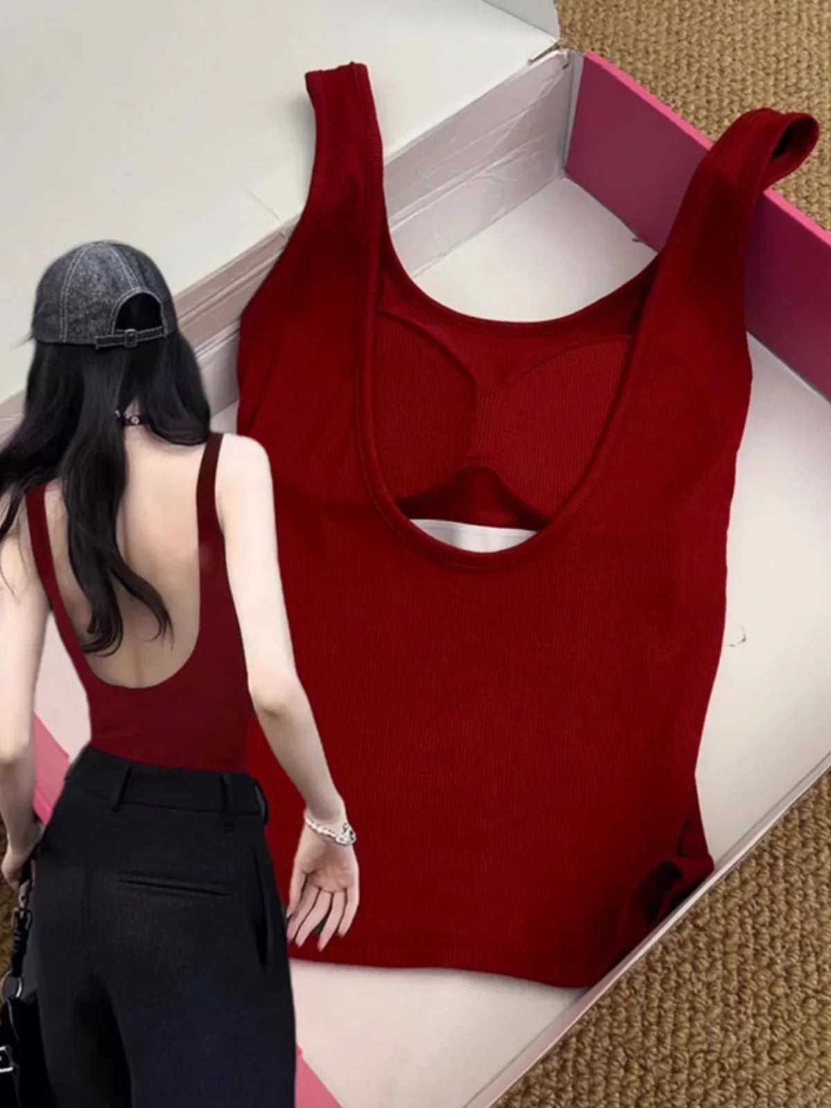 Red Backless Strap Vest Women Summer U Shape Beautiful Back Bra Integrated Sports with Chest Pad Outerwear Top