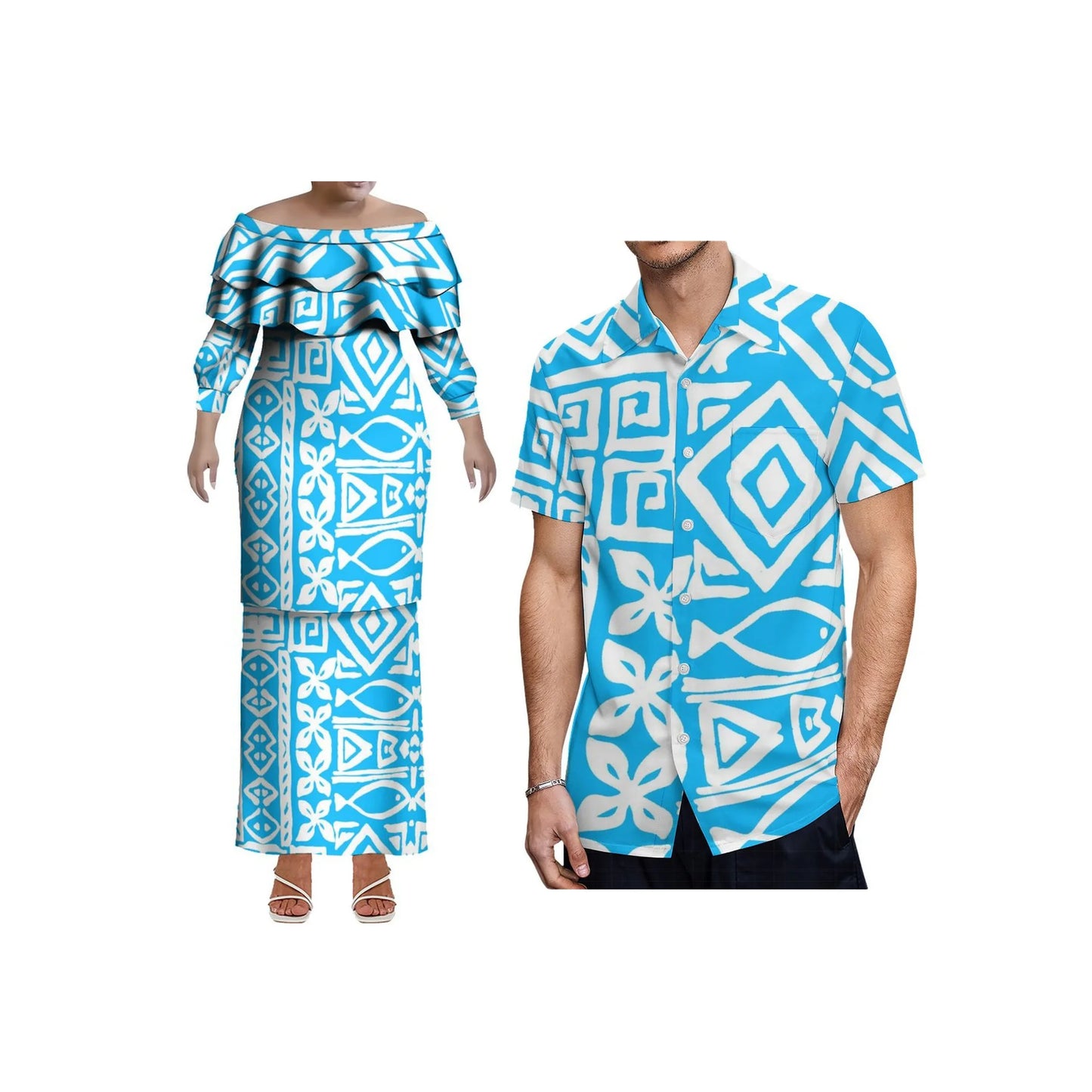 Pacific Island Art Design Customized Plus Size Ladies Long Sleeve Dress Samoa Puletasi Double Layered Ruffle Dress Two Piece Set