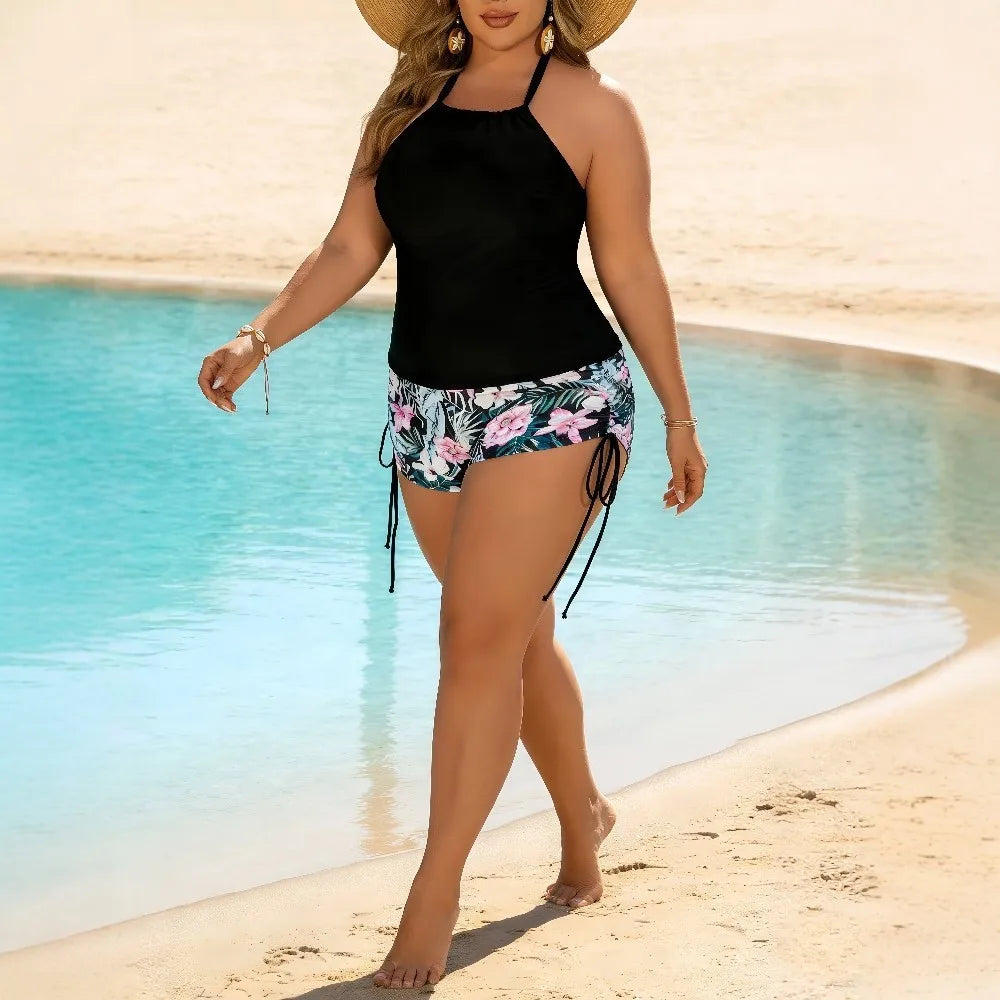 Swimwear 2026 Tankini With Shorts Tankini Top Halter Neck Floral Print Swim Tank High Waist Black Solid Two Piece Swimsuit