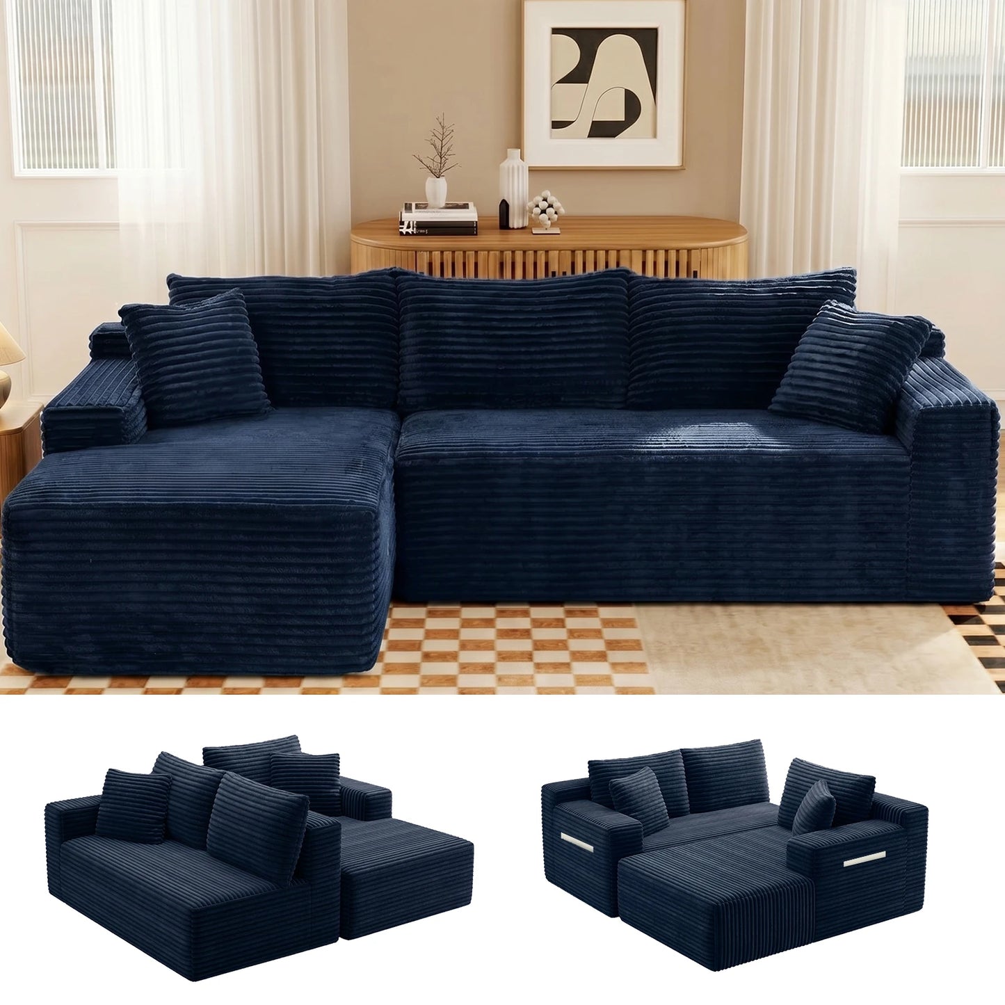 94.5" Cloud Modular Sectional Corduroy Sofa with L-Shape Chaise, No Assembly Deep Seat Corner Couch for Living Room, Black