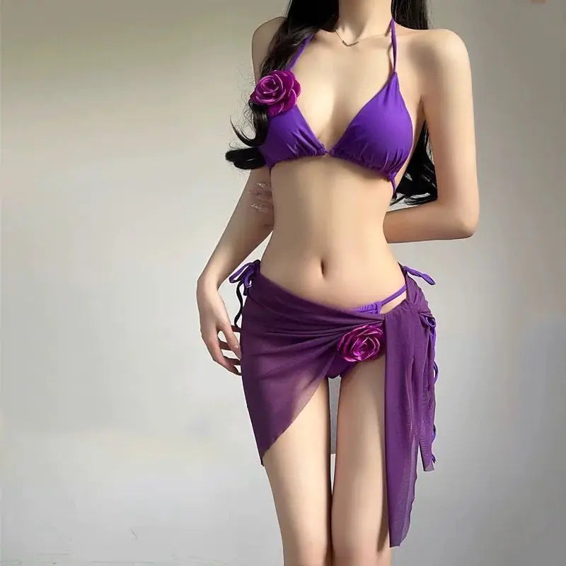 Women Strappy 3 Piece Bikini Set Padded Two Piece Swimsuit Bright Color Bathing Suit Bali Style Beach Holiday Hot Spring Suit