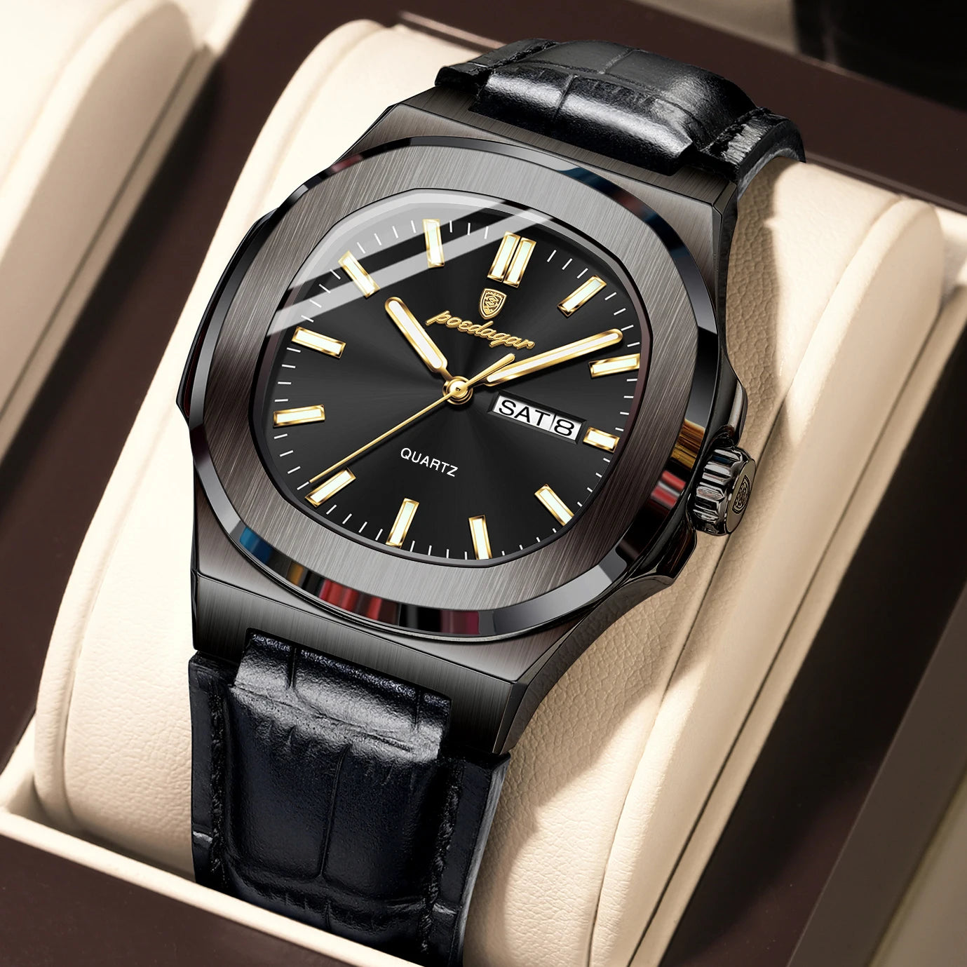 POEDAGAR Top Fashion Men's Quartz Watches Luxury Luminous Waterproof Man Clock Week Date Leather Business Men Watch Reloj Hombre