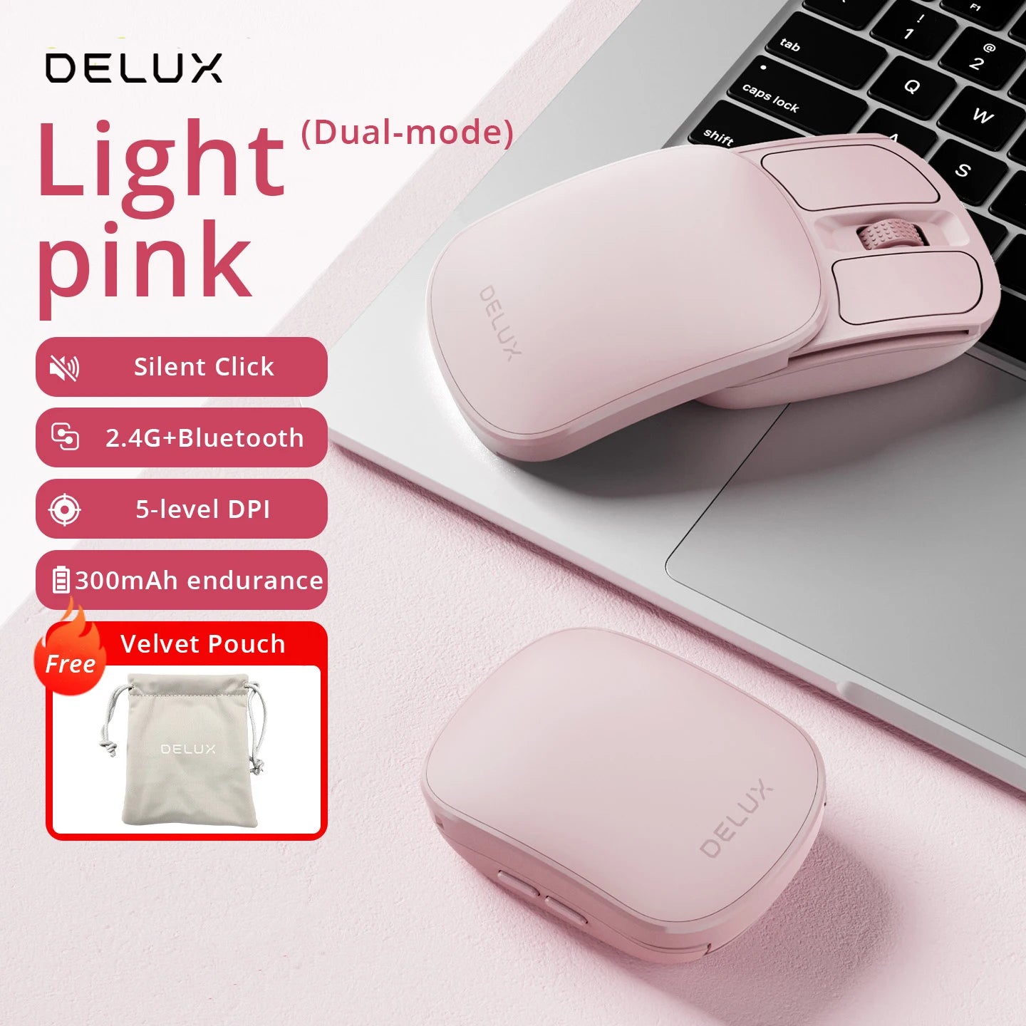 Delux Pocket Folding Mouse Wireless 2.4G Bluetooth5.2 Silent Click Portable Ultra-light 55g for MacBook Tablet Computer PC Mice