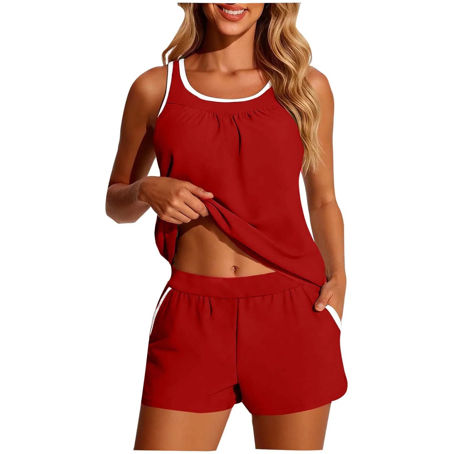 Women's 2-piece Swimwear Sleeveless Cropped Tankini Top Solid Color Two Piece Swim Tank White Trim Loose Fit Bandeau Set