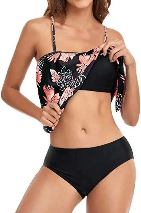 Tankini Woman Bikini Crop Top Spaghetti Strap Bikinis High Waist Bottom Floral Print Two Piece Swimsuit Side Tie Swim Bikini