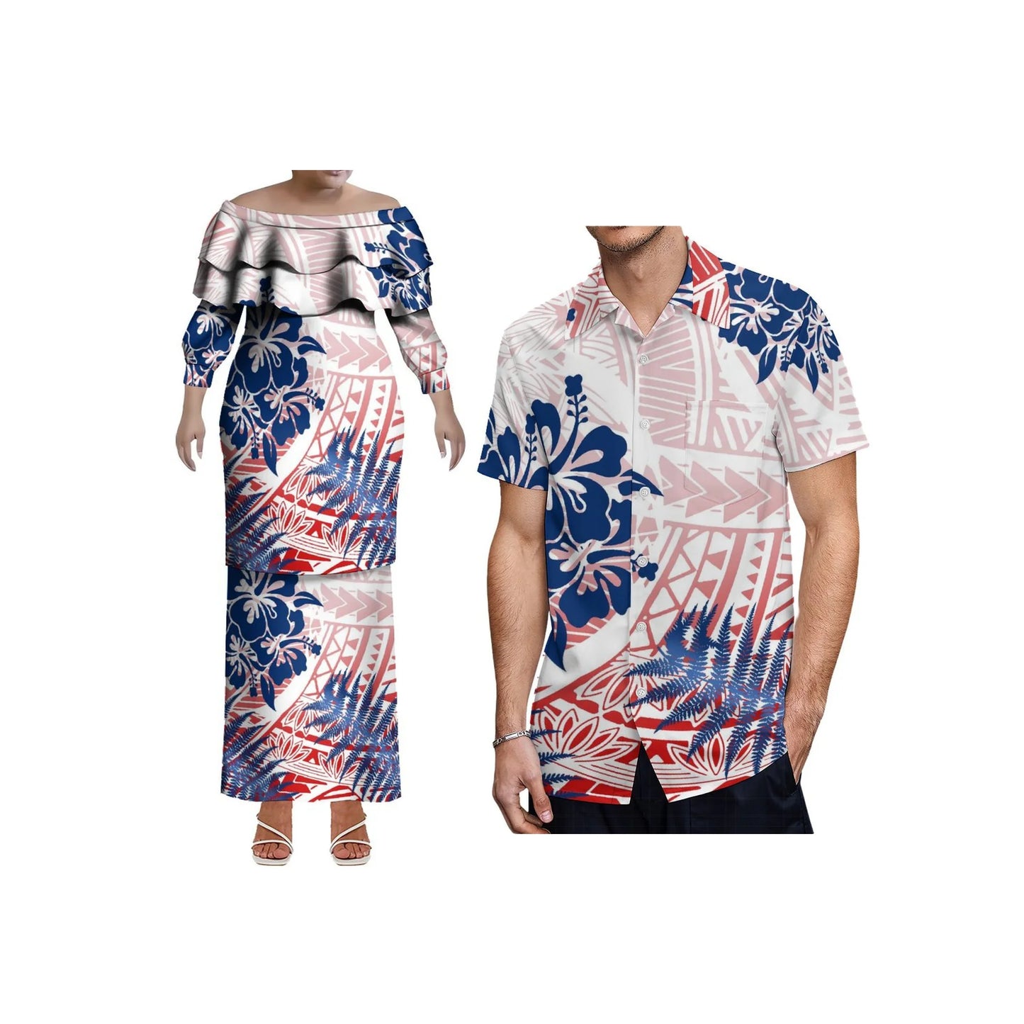 Pacific Island Art Design Customized Plus Size Ladies Long Sleeve Dress Samoa Puletasi Double Layered Ruffle Dress Two Piece Set