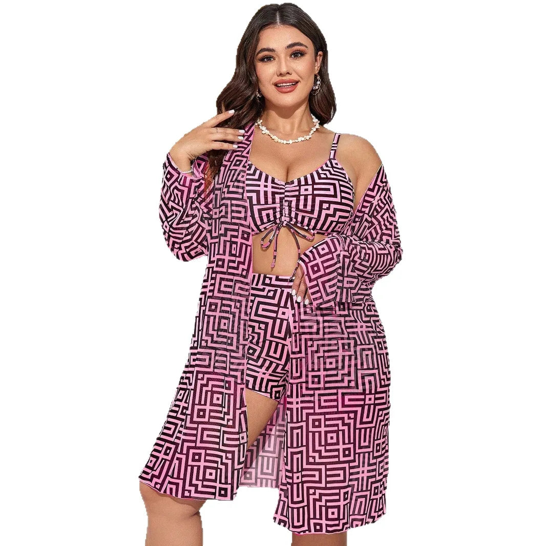 Plus Size 3‑Piece Geometric Print Swimsuit Front Tie Cami Top High Waist Shorts Long Sleeve Kimono Cover‑Up Beach Bathing Suit