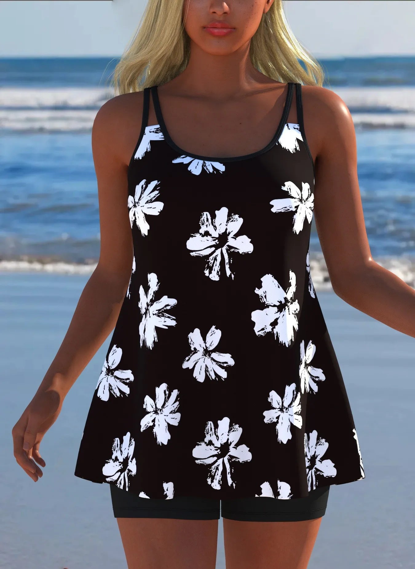 Black White Print Tankini Sleeveless Flared Hem Tankini Top High Stretch Swim Tank Gradient Adjustable Straps Two Piece Swim Top