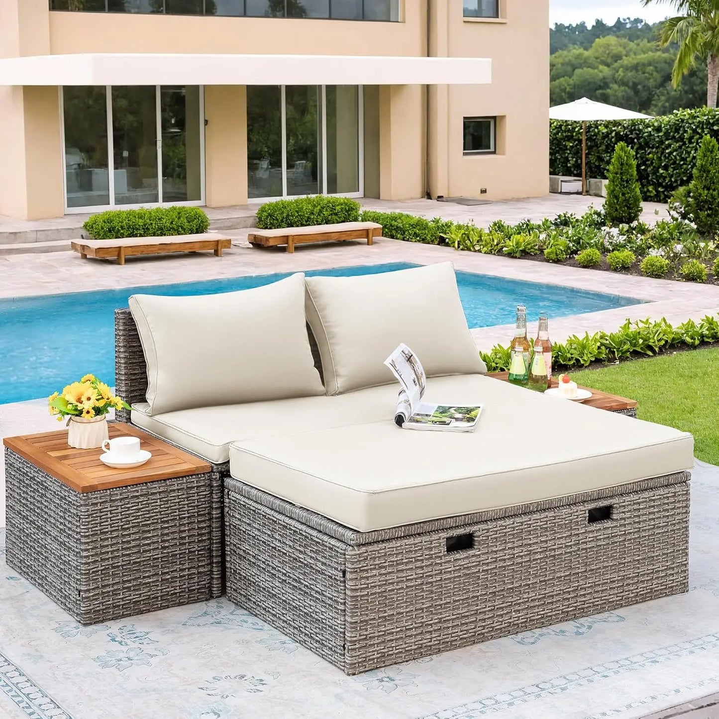 Outdoor Rattan Daybed with 2 Side Tables, Multifunctional Wicker Patio Sofa with Storage Ottoman, Cushions, Customized