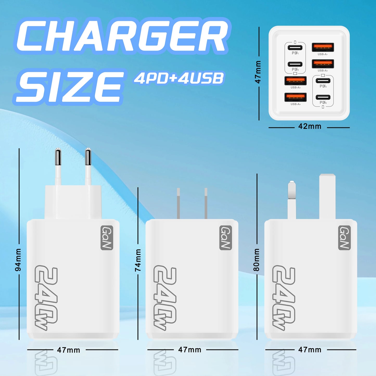 240W GaN USB C Charger 8 in 1 Fast Charging Phone Charger Power Adapter For iPhone Samsung Xiaomi Type C EU/US Plug Wall Charger