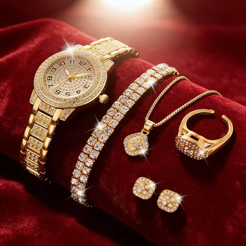 Luxury Women Gold Watch Fashion Ladies Quartz Diamond Wristwatch Elegant Female Bracelet Watches Set Reloj Mujer