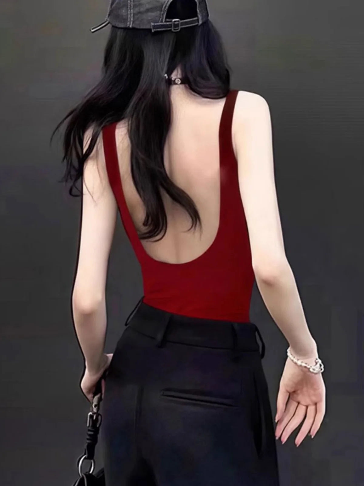 Red Backless Strap Vest Women Summer U Shape Beautiful Back Bra Integrated Sports with Chest Pad Outerwear Top