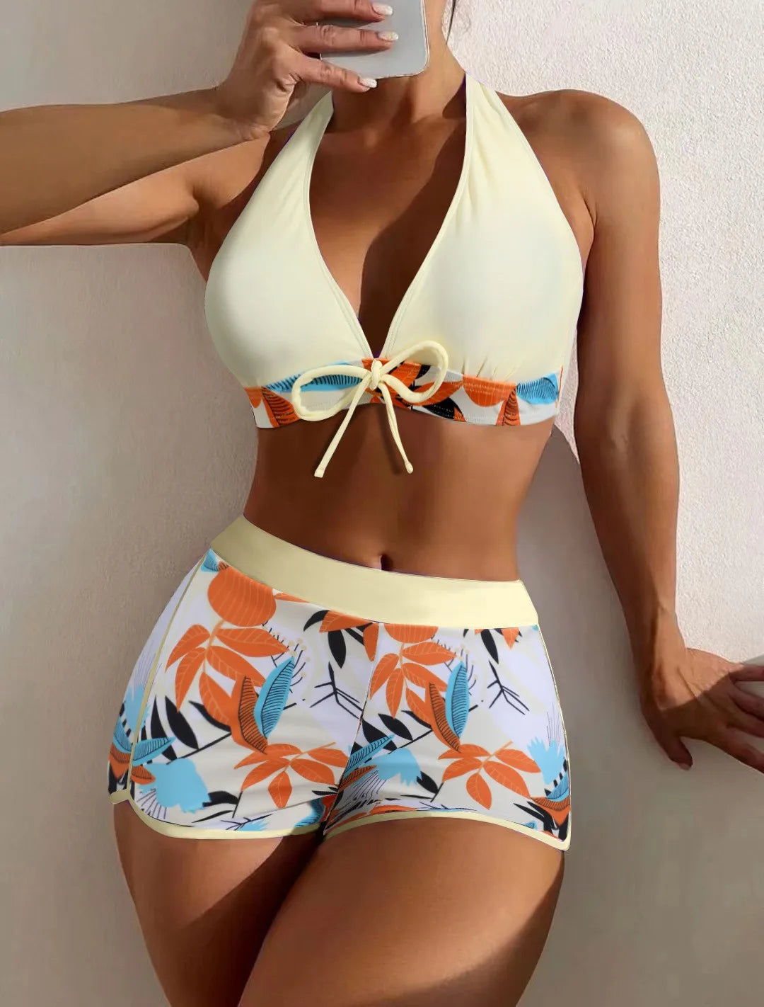 Swimsuit Woman Two Piece Swimsuit Sleeveless Tankini Top High Waist Shorts Swimwear With Tropical Leaf Print Halter Neck