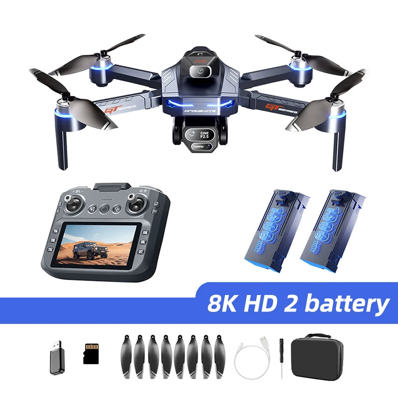 Original GT8 Drone 8K HD Three-camera Aerial Photography Wifi FPV RC with screen Brushless Motor Folding Quadcopter Dron Toys