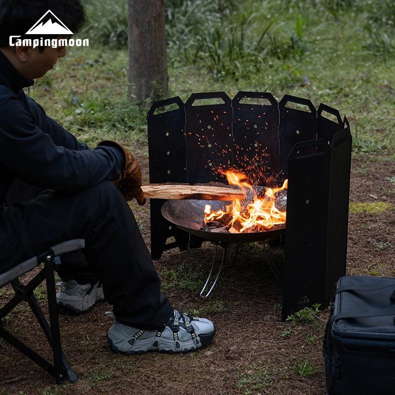 CAMPINGMOON YD-40 YD-50 Large Outdoor Windproof Fire Pit 8-Piece Iron Windbreak Screen Panels Camping Wood Stove Accessories