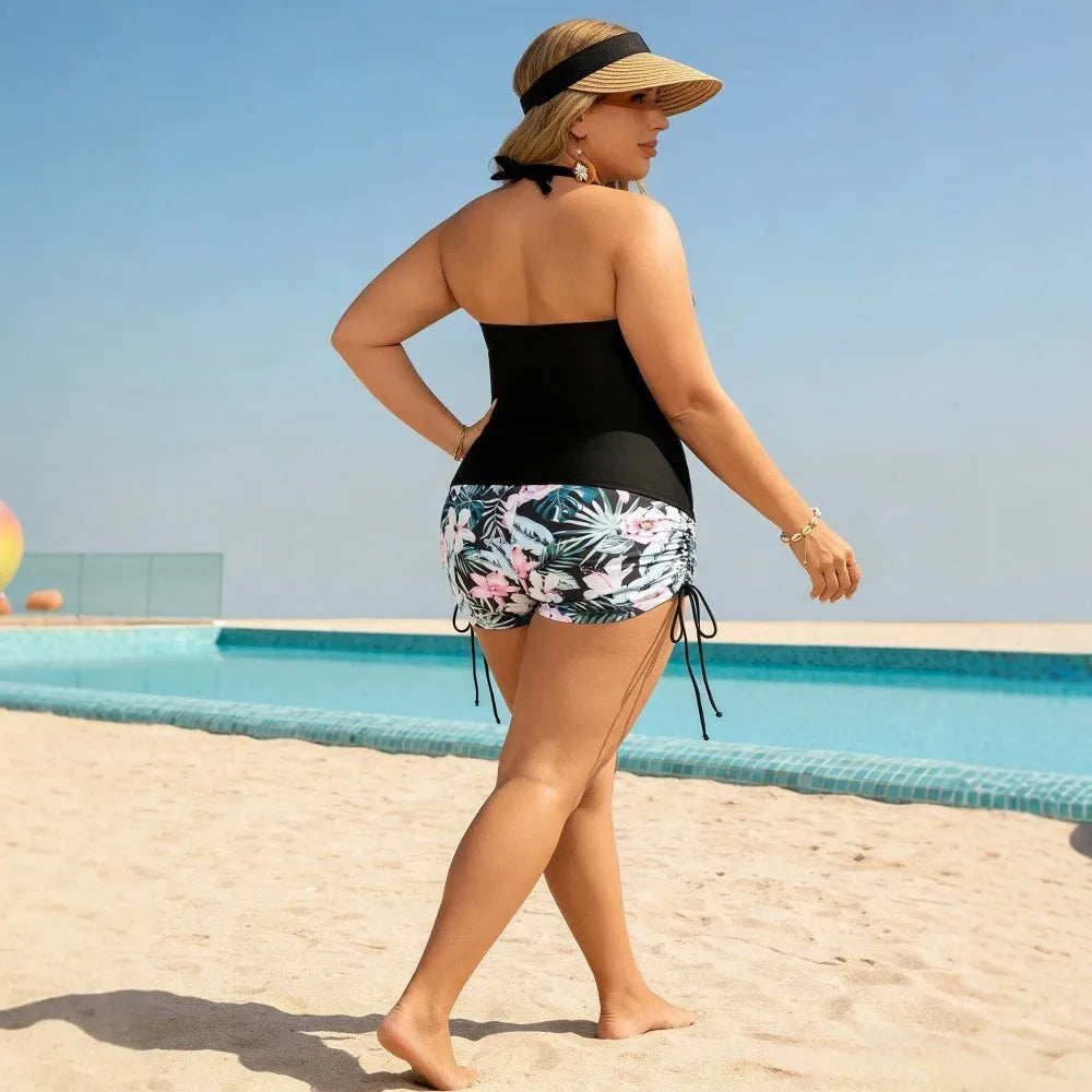 Swimwear 2026 Tankini With Shorts Tankini Top Halter Neck Floral Print Swim Tank High Waist Black Solid Two Piece Swimsuit