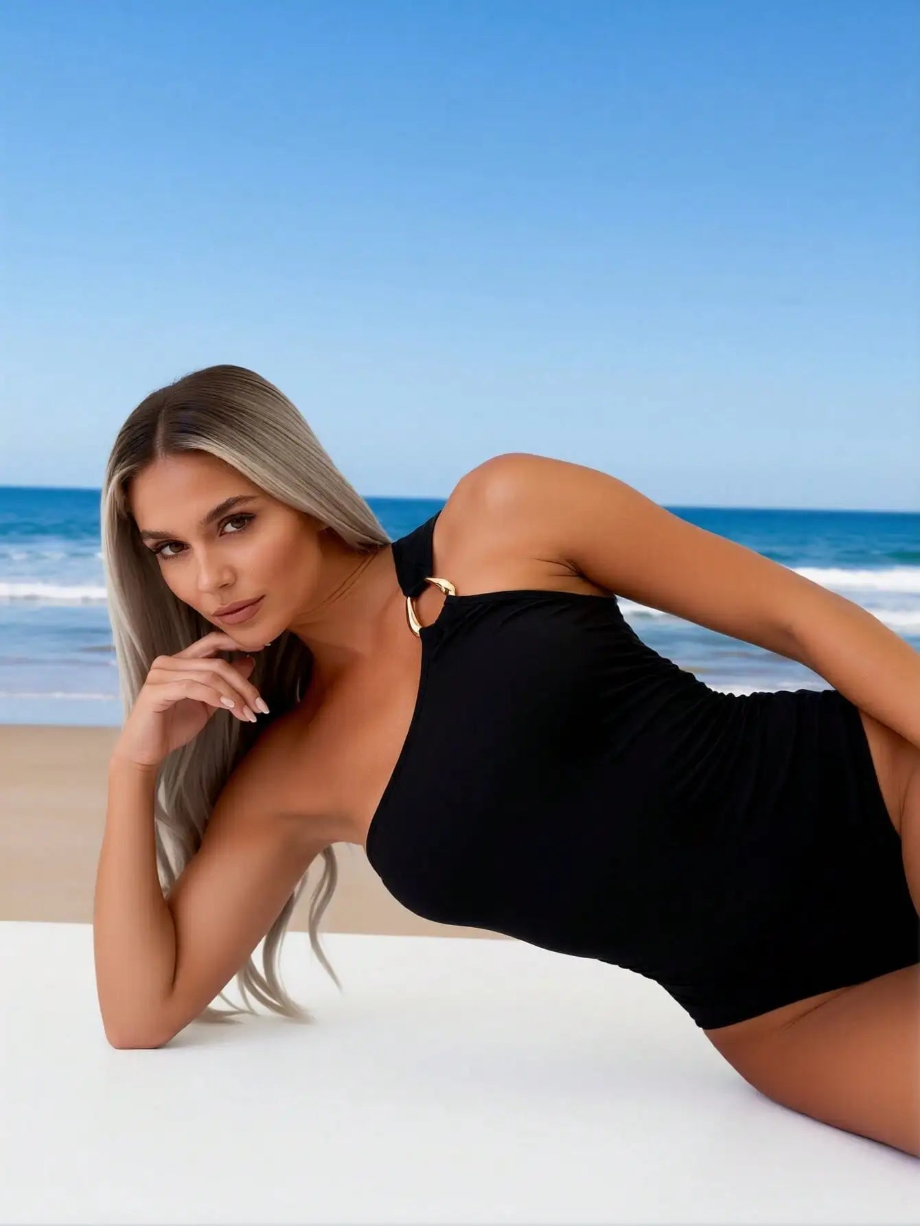 2026 New Women's One-Piece Swimsuit: Solid Black, One-Shoulder Design, Gold O-Ring Accent, Tummy Control, Elegant Beach Style