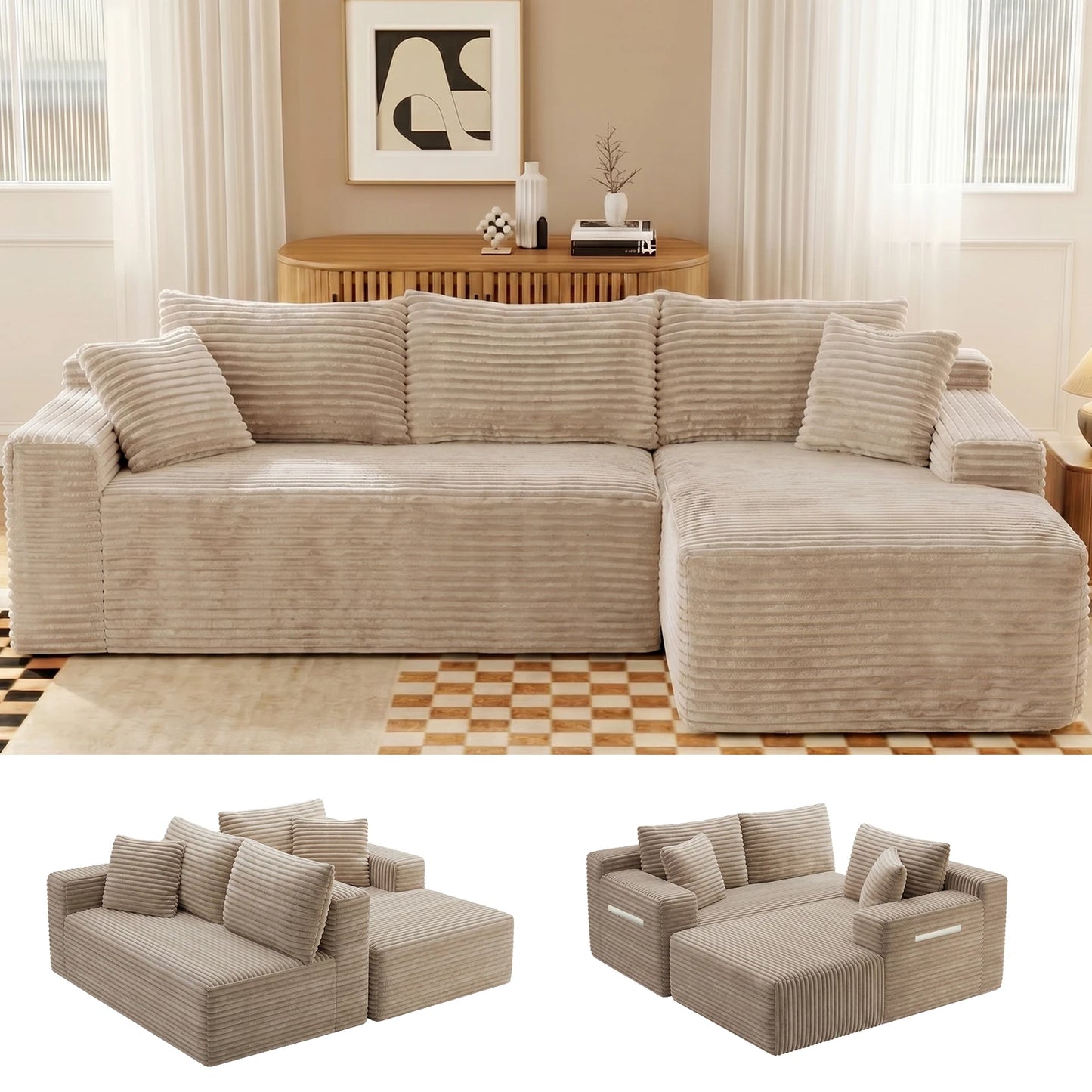 94.5" Cloud Modular Sectional Corduroy Sofa with L-Shape Chaise, No Assembly Deep Seat Corner Couch for Living Room, Black