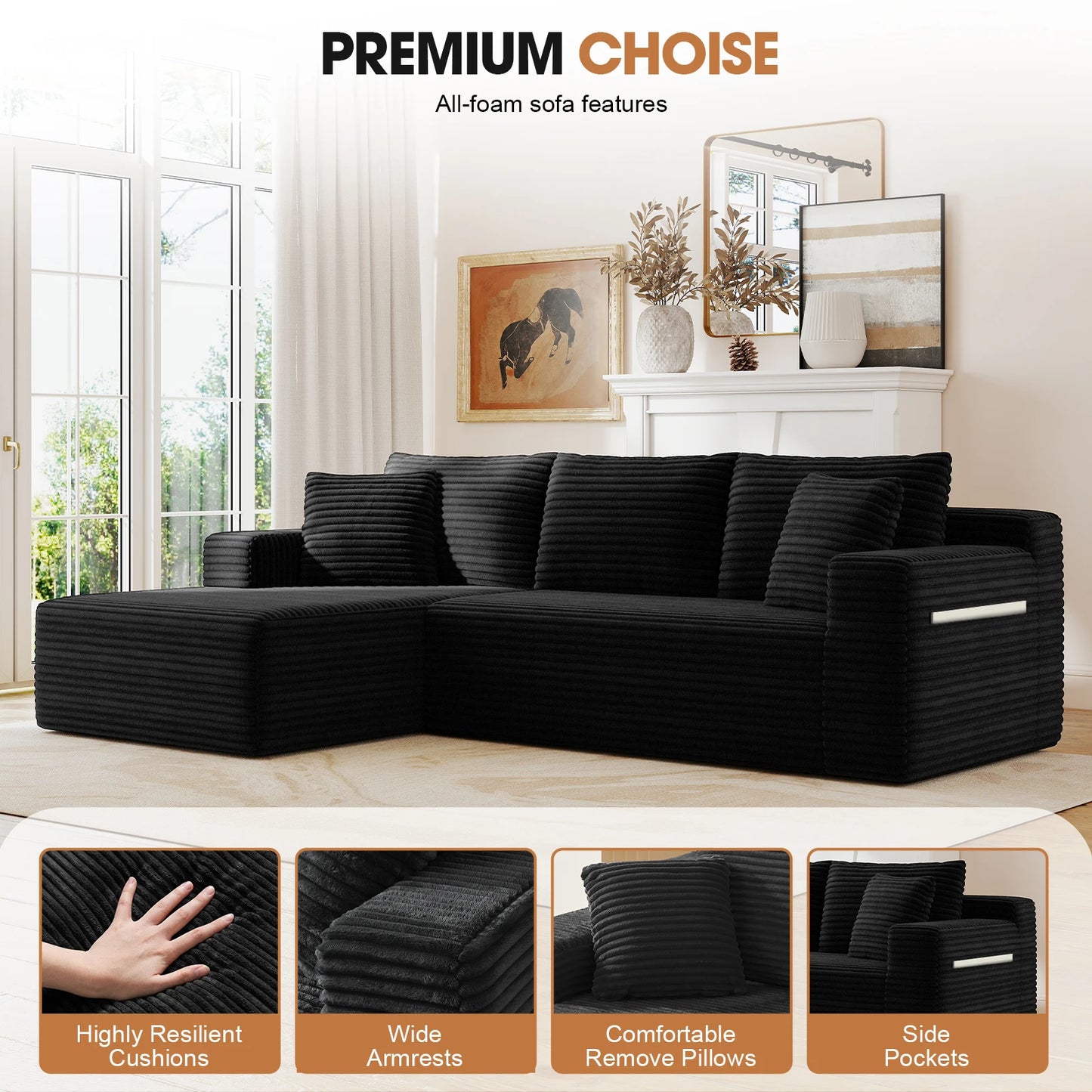 94.5" Cloud Modular Sectional Corduroy Sofa with L-Shape Chaise, No Assembly Deep Seat Corner Couch for Living Room, Black