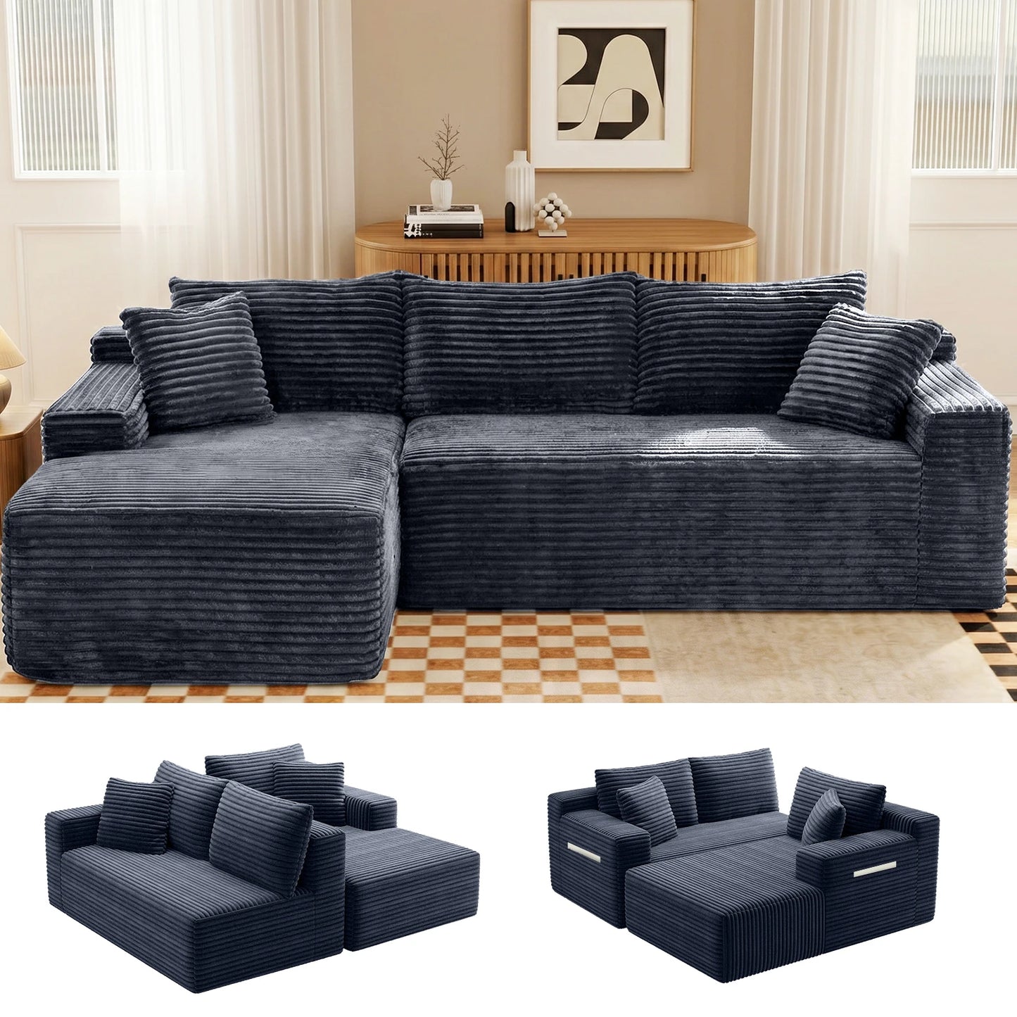 94.5" Cloud Modular Sectional Corduroy Sofa with L-Shape Chaise, No Assembly Deep Seat Corner Couch for Living Room, Black