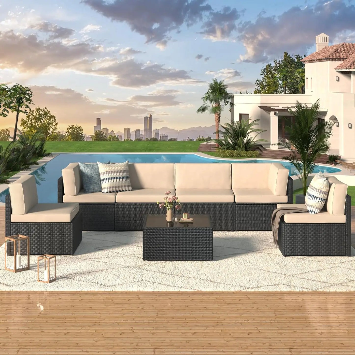 Outdoor Patio Furniture Set, PE Rattan Wicker Sectional Sofa with Cushions & Tea Table, 7 Piece, Black & Beige, Custom