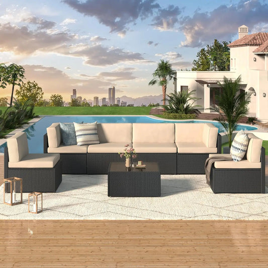 Outdoor Patio Furniture Set, PE Rattan Wicker Sectional Sofa with Cushions & Tea Table, 7 Piece, Black & Beige, Custom