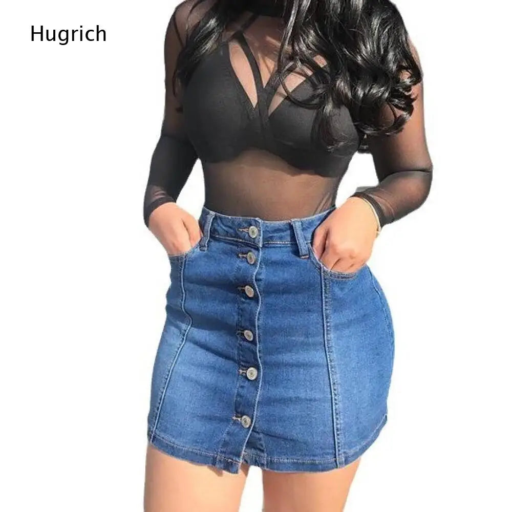 Single Breasted Vertical Button High Waist Denim Short Skirt Slim Fit Classic Side Pocket Mini Jean Skirt For Women