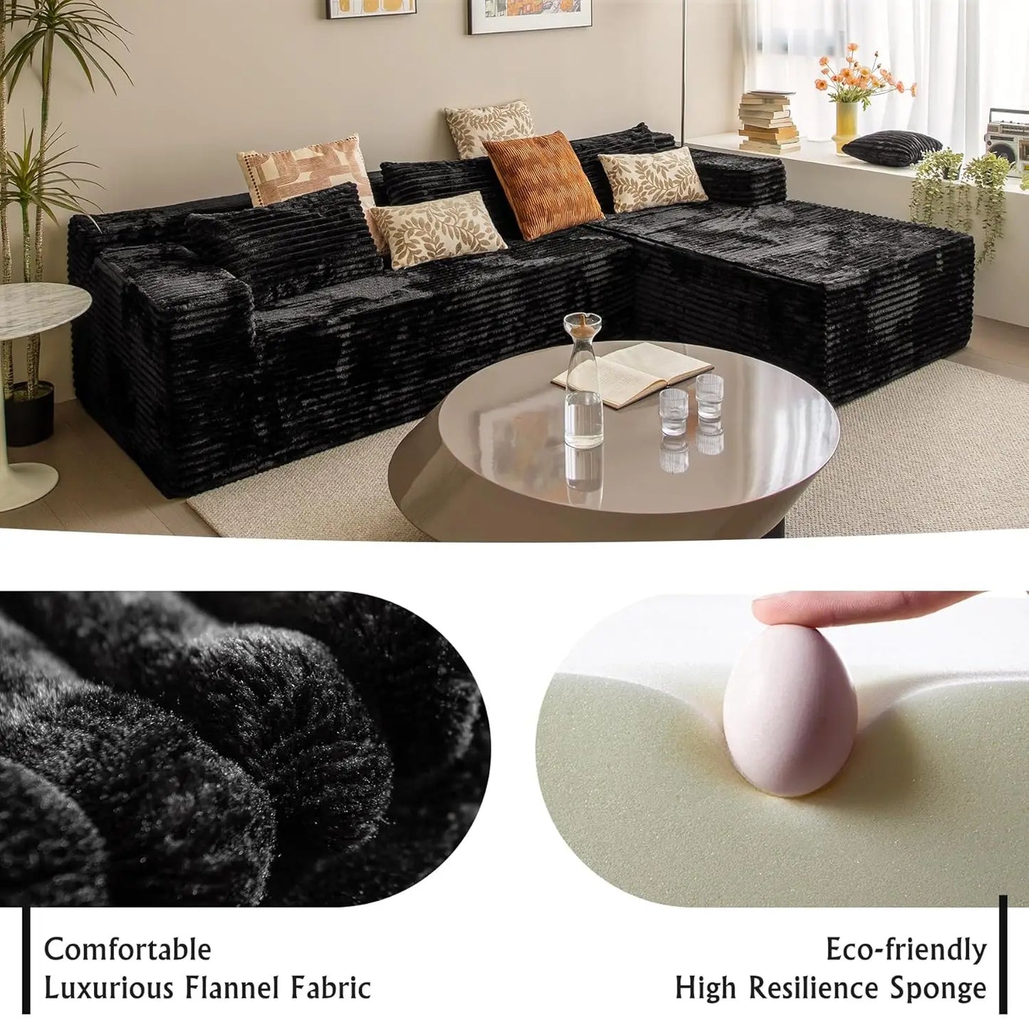 Black sectional couches for Living Room Corduroy Couch，104" Cloud Sectional Couch with L-Shape Chaise， Modern, Customized