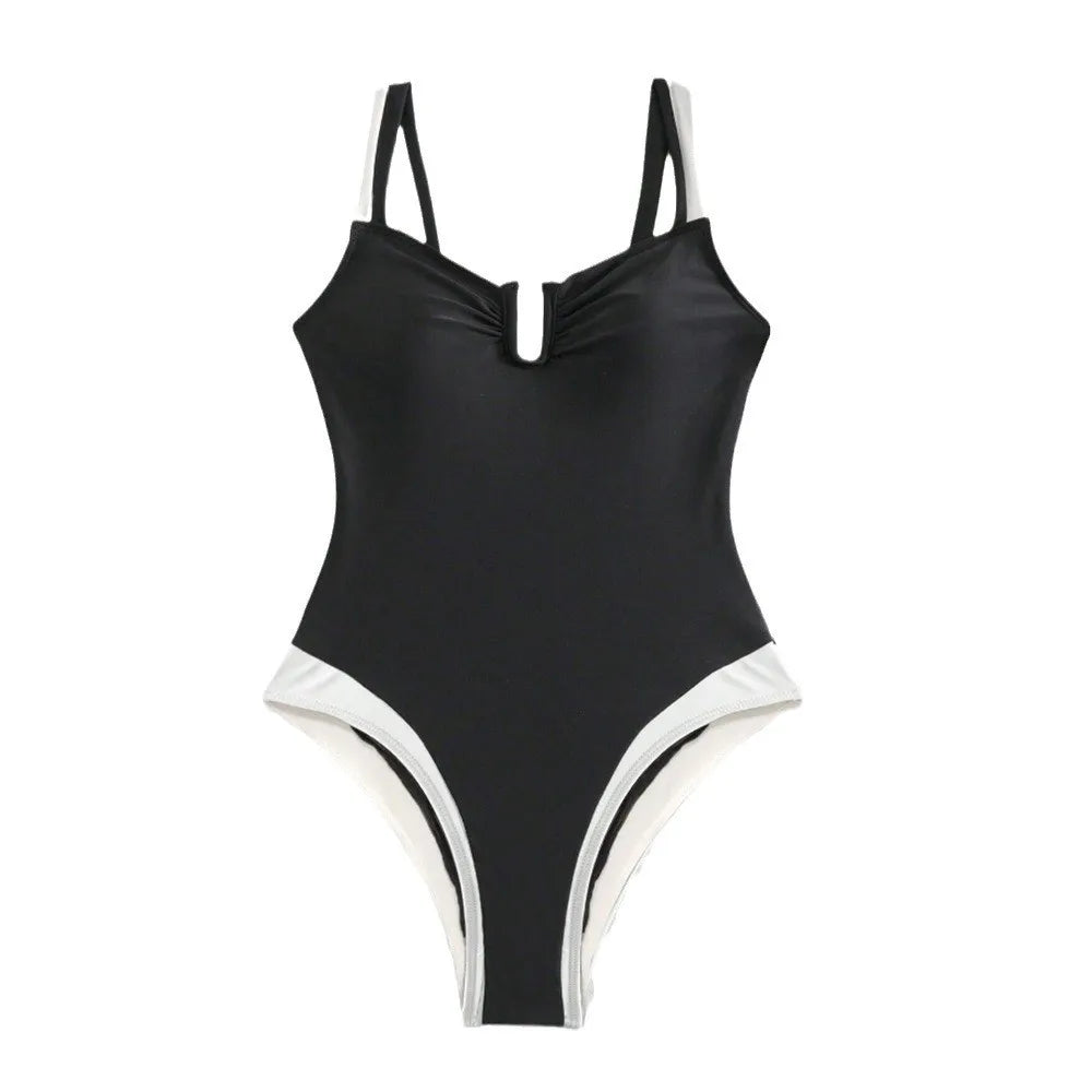 2026 Bikini Woman Tankini Deep V Neck Bikinis Black And White High Cut Leg Swimsuit Ruched Bust Swimwear Women's Tankinis