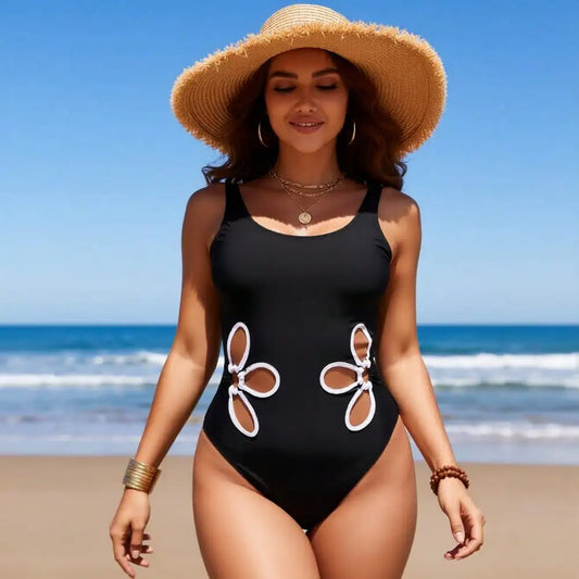 2026 New Women's One-Piece Swimsuit: Solid Black, White Floral Cutout Side Detail, Scoop Neck, High-Cut Leg, Chic Beach Style