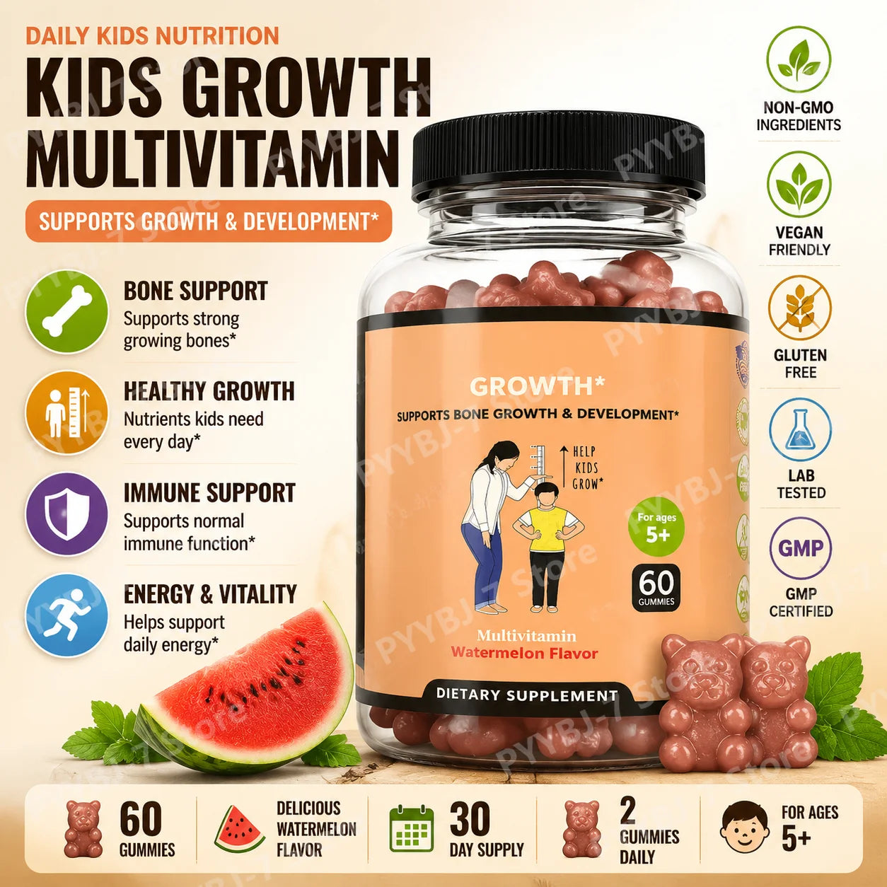 Children's Nutritional Gummies Daily Multivitamin with Calcium Vitamins D & K 60 Gummies Nutrition Supplement Watermelon Flavor