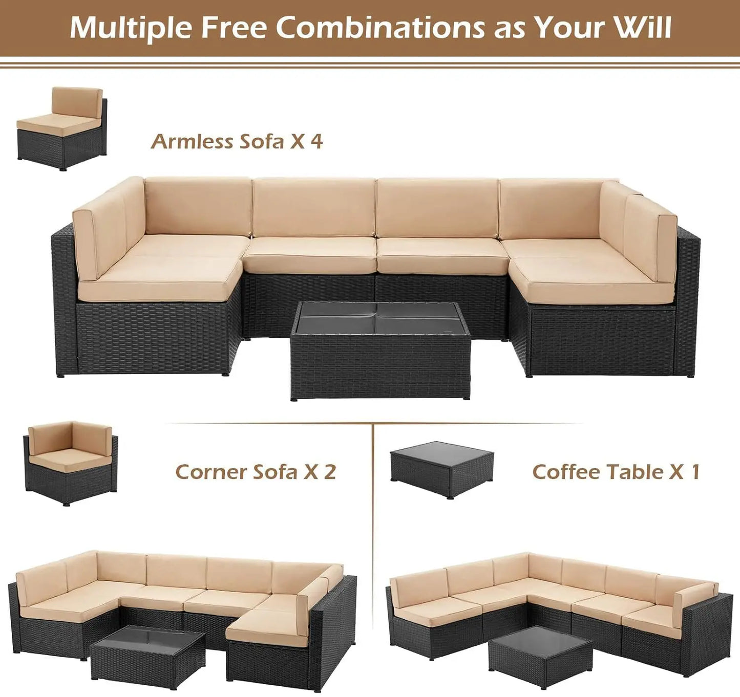 Outdoor Patio Furniture Set, PE Rattan Wicker Sectional Sofa with Cushions & Tea Table, 7 Piece, Black & Beige, Custom