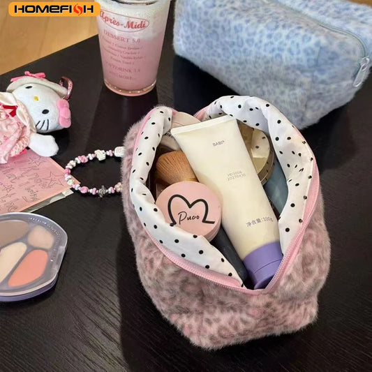 HOMEFISH Durable Fuzzy Makeup Bag Large Capacity Leopard Print Toiletry Organizer Portable Cosmetic Bag Girls Travel Storage