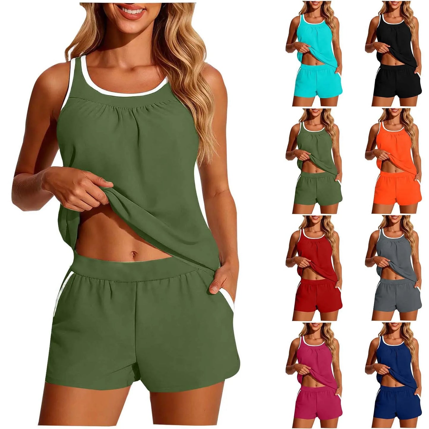 Women's 2-piece Swimwear Sleeveless Cropped Tankini Top Solid Color Two Piece Swim Tank White Trim Loose Fit Bandeau Set