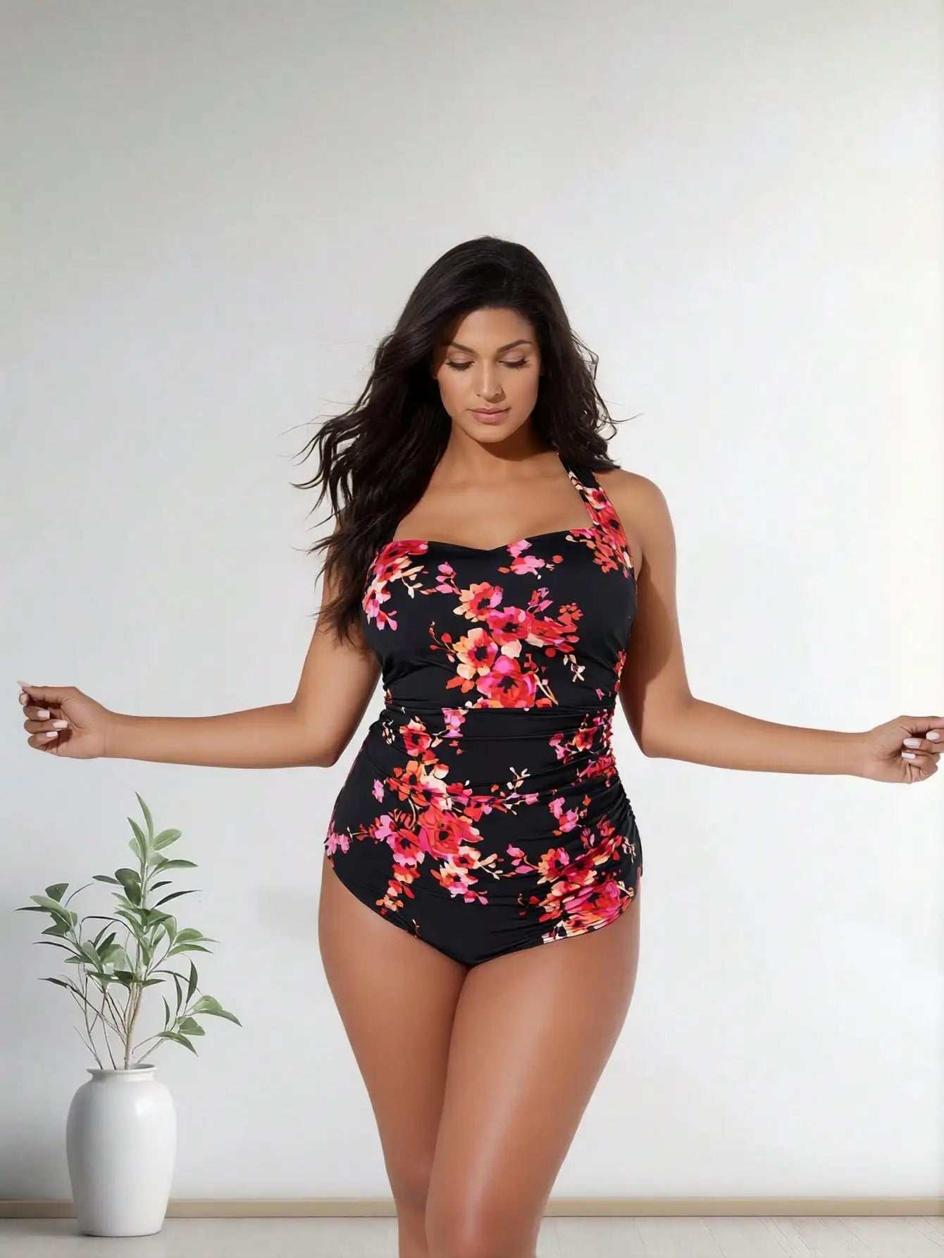 2026 New Plus Size Women's Black & Red Floral Halter Ruched One-Piece Swimsuit Tummy Control for Vacation