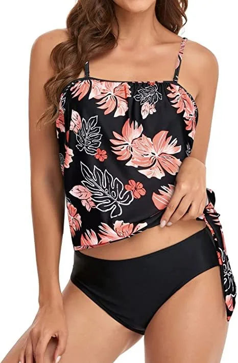 Tankini Woman Bikini Crop Top Spaghetti Strap Bikinis High Waist Bottom Floral Print Two Piece Swimsuit Side Tie Swim Bikini