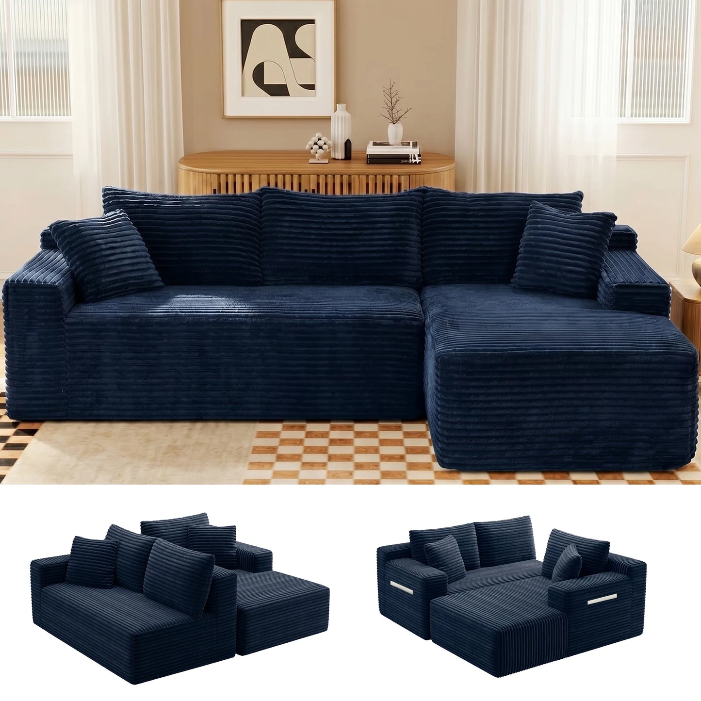 94.5" Cloud Modular Sectional Corduroy Sofa with L-Shape Chaise, No Assembly Deep Seat Corner Couch for Living Room, Black