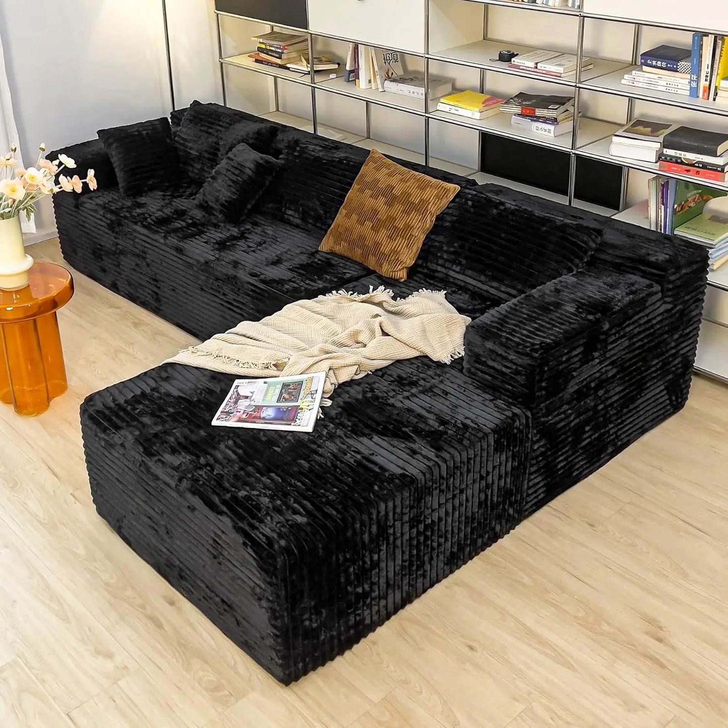 Black sectional couches for Living Room Corduroy Couch，104" Cloud Sectional Couch with L-Shape Chaise， Modern, Customized