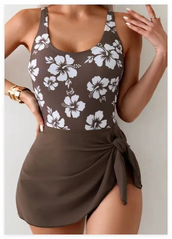 Women Swimsuit Floral Print Tummy Control Swimwear Backless Wrap Skirt Bathing Suit Side Tie Swimsuit Woman Solid Color High