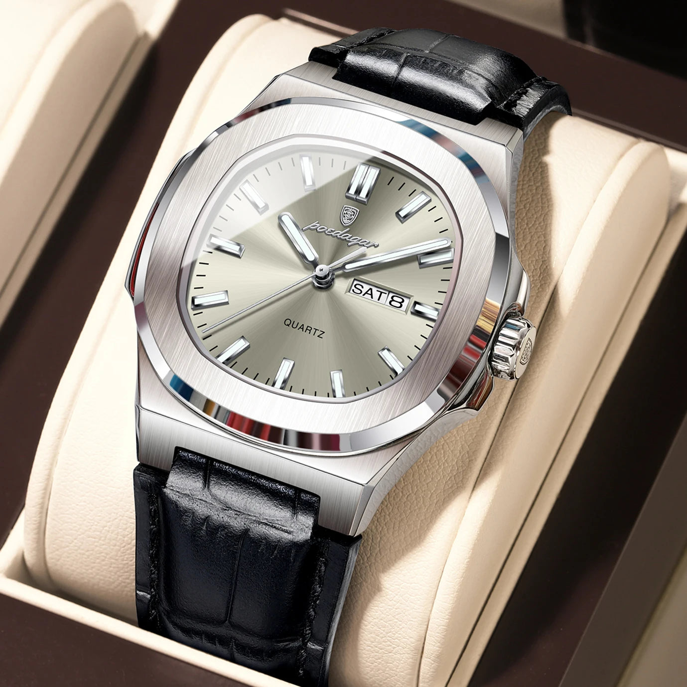 POEDAGAR Top Fashion Men's Quartz Watches Luxury Luminous Waterproof Man Clock Week Date Leather Business Men Watch Reloj Hombre
