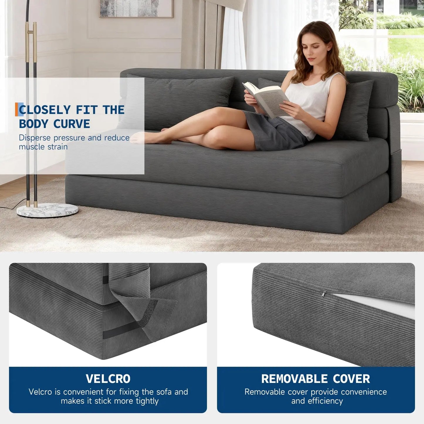 4-in-1 Folding Sofa Bed Convertible Sleeper Soft Corduroy Loveseat Couch With Pillow Space-Saving Fold Out Chair Bed For Room