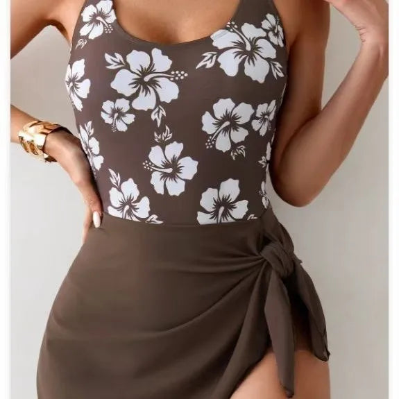Women Swimsuit Floral Print Tummy Control Swimwear Backless Wrap Skirt Bathing Suit Side Tie Swimsuit Woman Solid Color High
